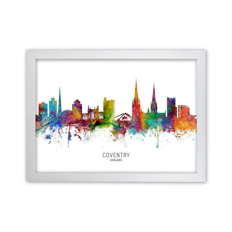 Coventry England Skyline by Michael Tompsett - Print, White Framed, 25cm H x 34cm W x 3cm D