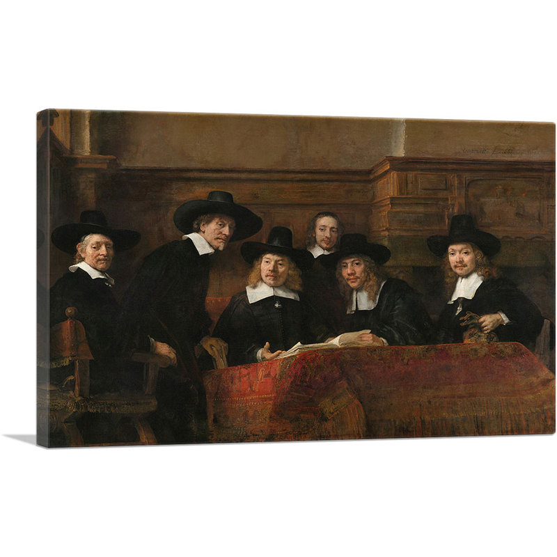 «The Samonnage Officiels the Syndics of the Drapers Guild 1662» par Rembrandt van Rijn - reproduction d'art sur toile tendue