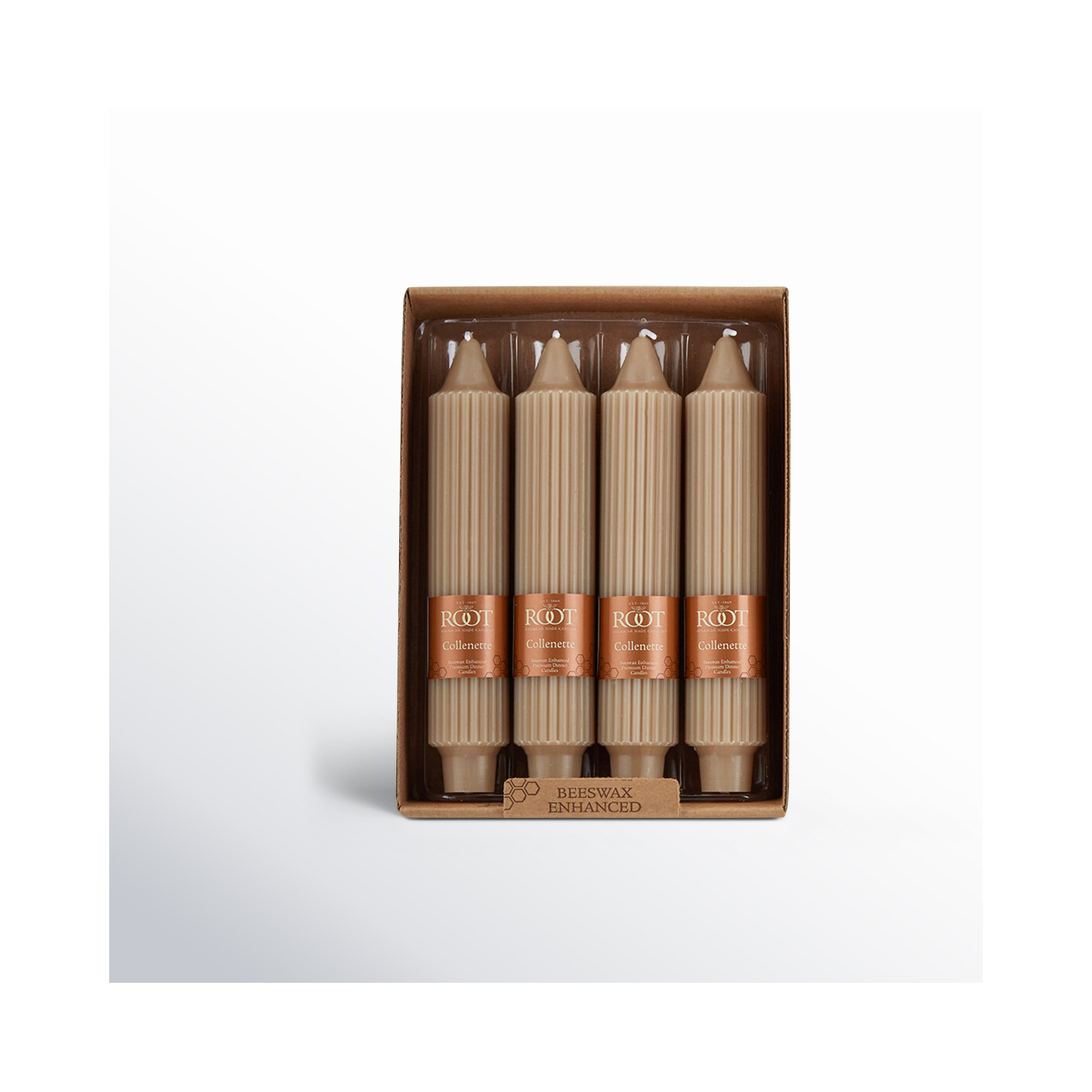 Grecian Collenette Unscented Taper Candle, Taupe, 7" H x 1.25" W x 1.25" D