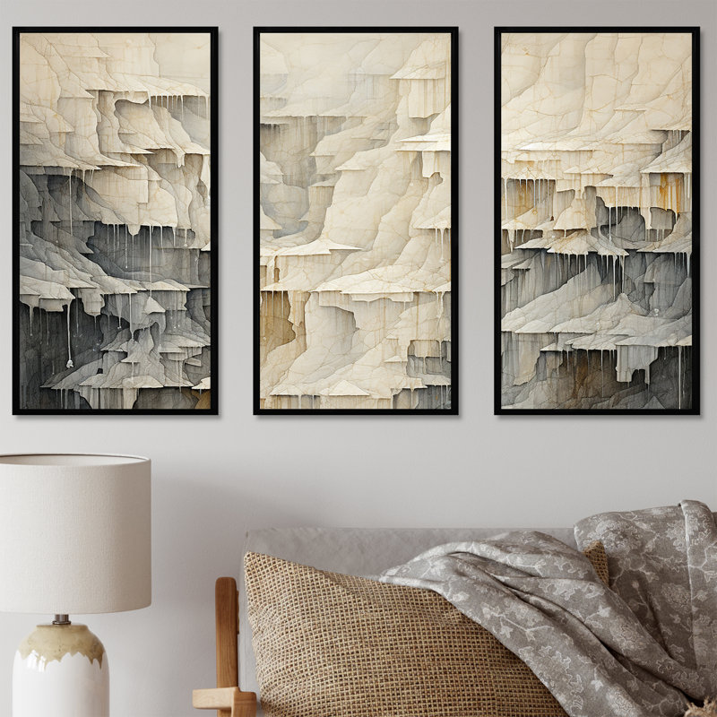 Beige et gris, simple cascade de falaise, Cadre flottant noir, H 40 po x l 60 po x P 1 po