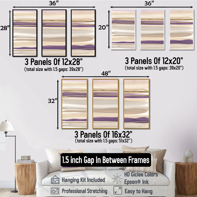 Shape Of Glam Mauve III - Shabby Elegance, ensemble de 3 toiles encadrées, H 32 po x l 48 po x P 1 po, Or