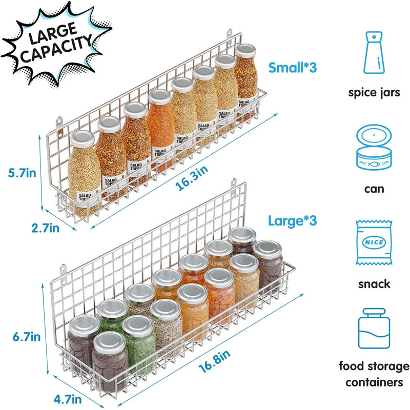 Spice Rack Organizer 6-Tier Wall Mounted & Over the Door Spice Racks for Kitchen Pantry Bathroom,Two Size, Large Capacity, Silver