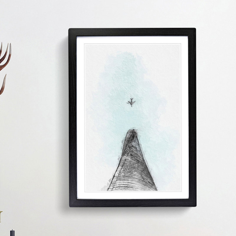 Airplane Above The World In Abstract - Single Picture Frame Painting, 45cm H x 33cm W x 2cm D, Black Framed