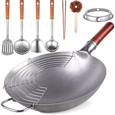 Ensemble de 8 accessoires de cuisine pour wok chinois en acier au carbone. 13,4 po.