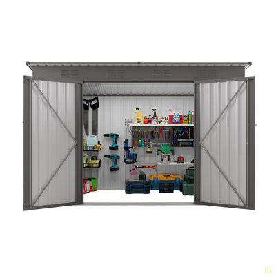 4 X 9 FT Outdoor Storage Shed, Metal Garden Shed Tool House With Sloping Roof,6 Vents And 2 Swing Doors For Backyard, Garden,Patio, Garage, Lawn