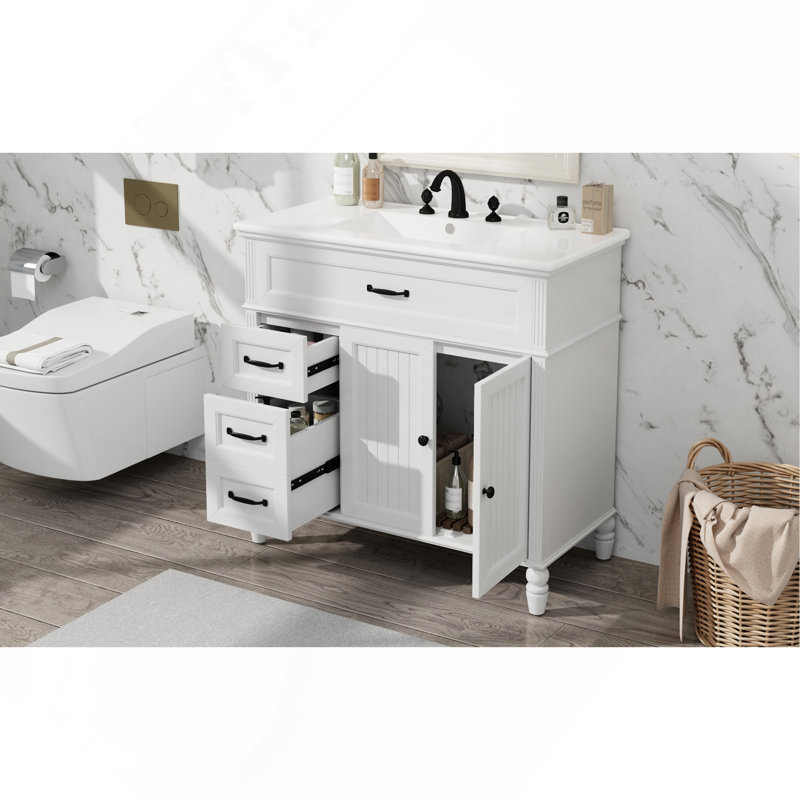 Meuble-lavabo 36 po avec lavabo, armoire de salle de bain avec tiroirs, structure solide et panneau de fibres à densité moyenne, blanc