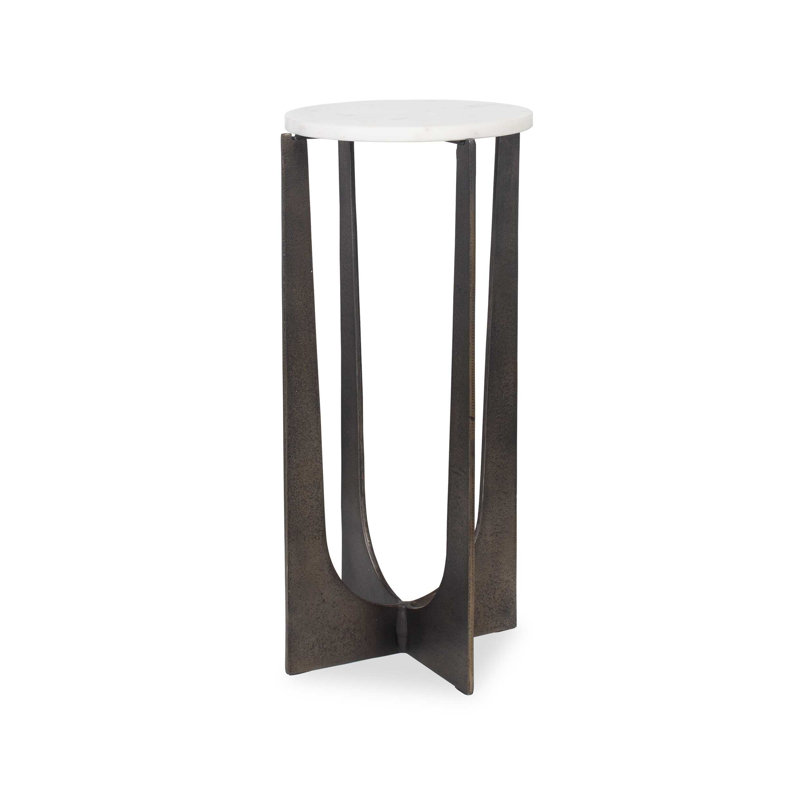 Dery Accent Table, 12 Inch Round White Marble Top, Brass Bronze Legs