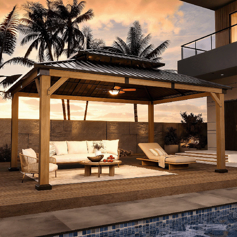 Jolydale Wood Patio Hardtop Gazebo With Galvanized Steel Double Roof, 10' H x 16' W x 12' D 