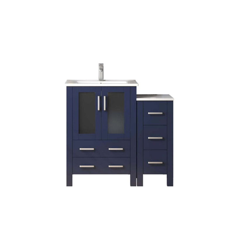 Bleu marine 36 po Large meuble-lavabo simple avec armoire latérale, comptoir en céramique et surface en bleu, fermeture en douceur, plateau blanc