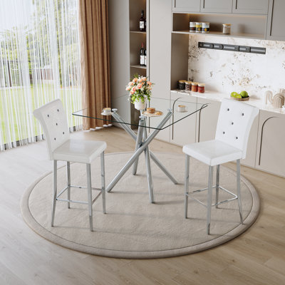 3 Pieces Dining Table Set, Glass Table And 2 Bar Stools