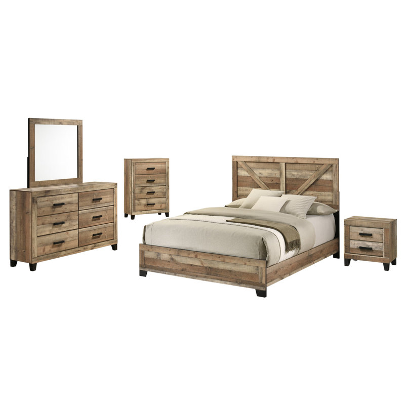 5 Piece Bedroom Set in Weathered Brown Pine, Queen