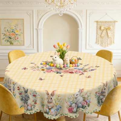 Soft Checkered Easter Bunny Tablecloth - Floral Wreath & Egg Printed Fabric Cover, Reusable Round/Rectangular Tablecloth for Easter Gatherings, Spring Meals | Decorative Scalloped-Edge Tablecloth with Butterfly Design