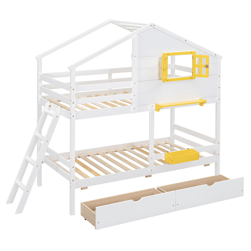 Lit superposé simple au-dessus de simple avec 2 tiroirs, 1 boîte de rangement, 1 tablette, fenêtre et toit, Blanc / jaune