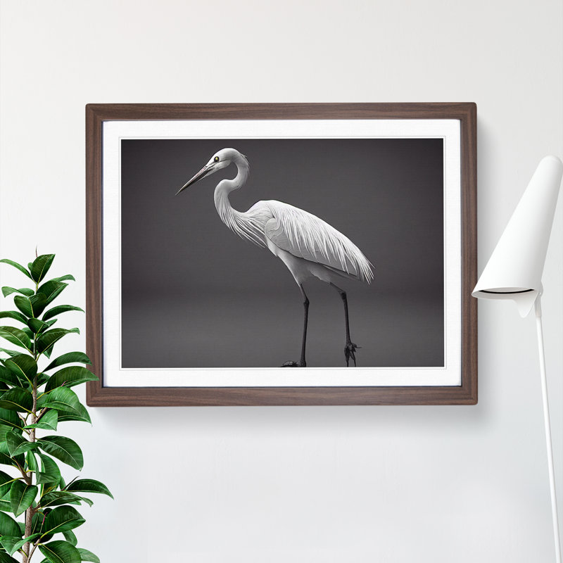 Tranquil Heron Bird - Single Picture Frame Print, 25cm H x 34cm W x 2cm D, Walnut Framed