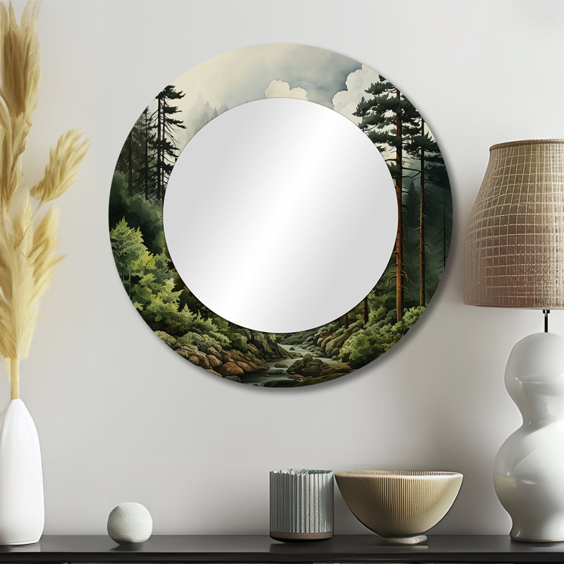 Pine Tree Forest - Pine Wall Mirror, Green Round Decorative Mirror, Printed Metal Art, 23" x 23"