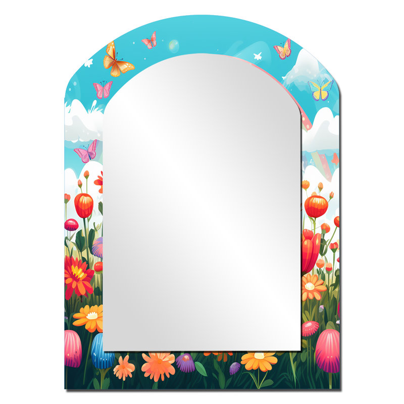 «Orange Monarch Butterfly Idyllic Flowerfield II», miroir décoratif à arc papillon, miroir mural asymétrique moderne