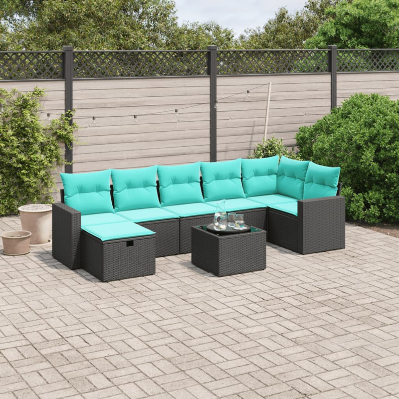 Ensemble de canapé de patio 8 pièces avec coussins en rotin de polyester, Bleu clair, Noir