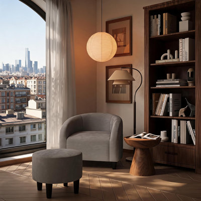 Fauteuil d'appoint en velours tonneau avec repose-pieds
