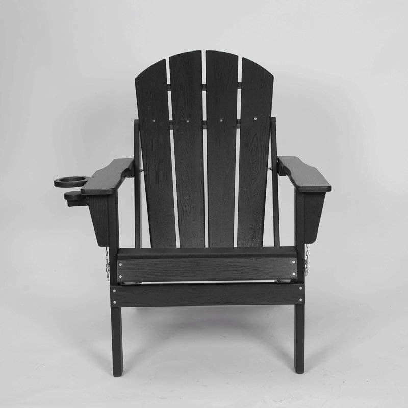 Hdpe Folding Adirondack Chair With Dual Cup Holder - Composite Adirondack Chair With Wood Texture, Black