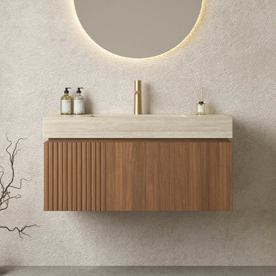 Meuble-lavabo et lavabo 36 po, armoire de rangement flottante en contreplaqué avec tiroir et porte, comptoir en pierre frittée Roma Travertine et lavabo en céramique avec 1 trou de robinet pré-percé, pré-assemblé