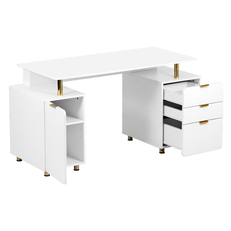 Bureau de direction élégant avec détails dorés, 3 tiroirs et armoire avec tablette réglable et ventilation, bureau moderne avec rangement et surface de travail flottante, et or