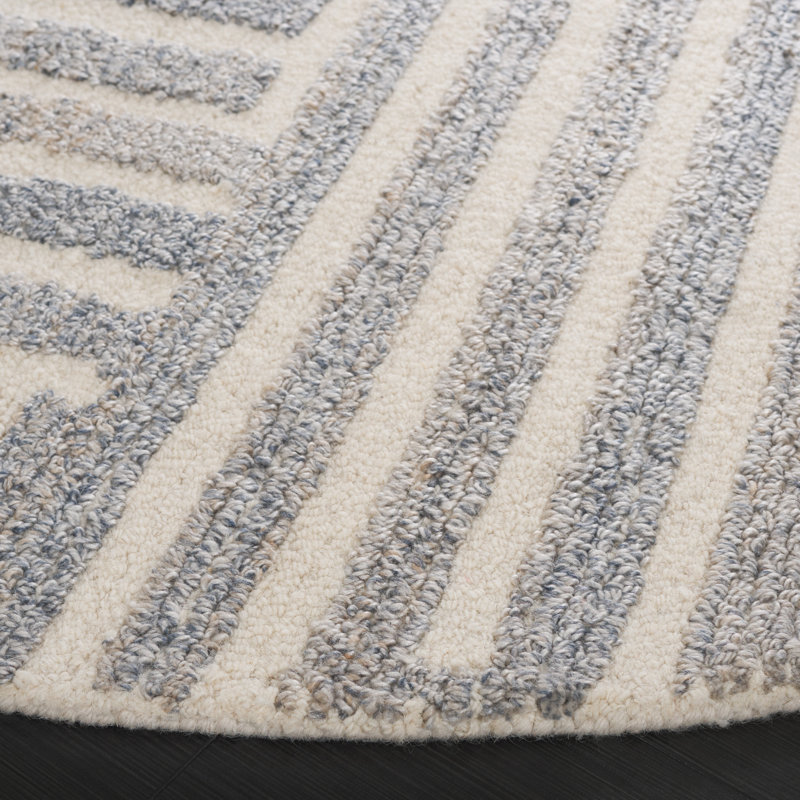 Nedin Hand Tufted Pet Yarn/Wool/Cotton Striped Rug in Blue/Ivory, Round 6'