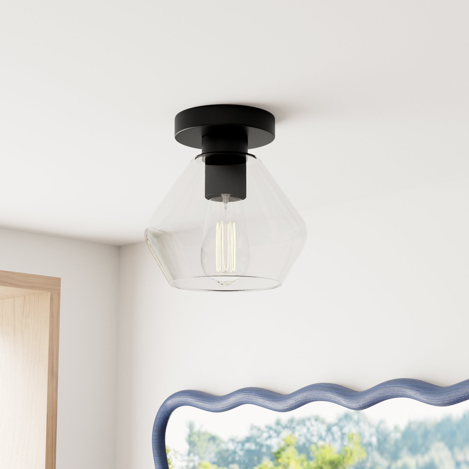 Rooks Single Light Glass Semi Flush Mount, Midnight Black
