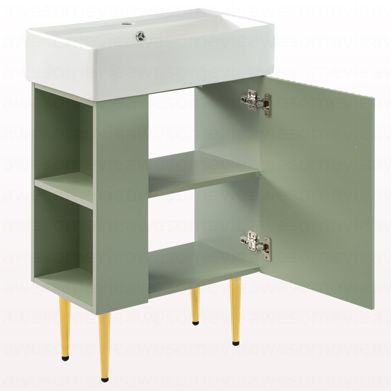 21.6" Green Bathroom Vanity, Combo Cabinet, Bathroom Storage Cabinet, Single Ceramic Sink, Left Side Storage, Green