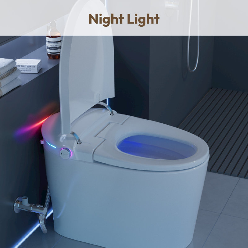 Toilette intelligente sans réservoir une pièce avec siège de bidet intégré, siège à ouverture / fermeture automatique, température réglable, capteur de pied, eau chaude et sécheuse, poignée latérale avec plusieurs commandes