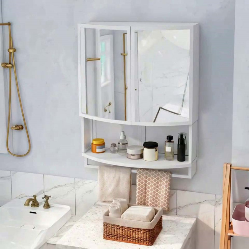 Garde-robe arquée 23,62 "à double porte avec miroir incassable - rangement double couche, Blanc