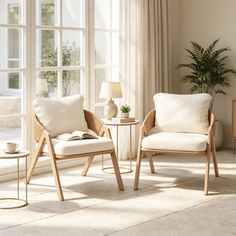 Chaise de patio avec coussins (ensemble de 2), Coussin beige / structure en teck