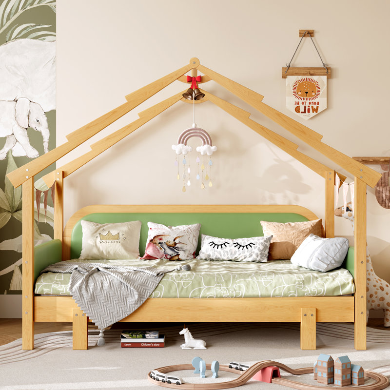Wood Treehouse bed with Soft Cushion Rails, Green