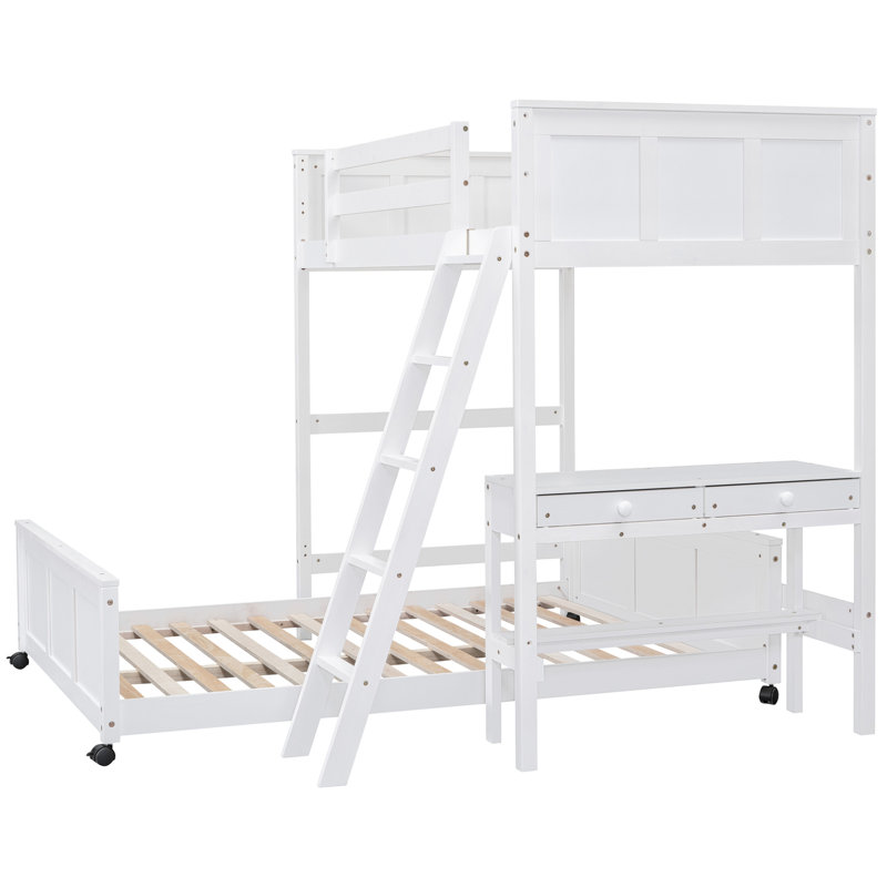 Lit superposé simple au-dessus d'un lit double avec bureau blanc - et conception pratique dans la chambre à coucher, Blanc