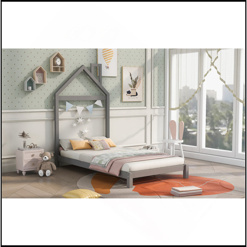 Lit plateforme en bois avec tête de lit en forme de maison, Gris, Lit simple