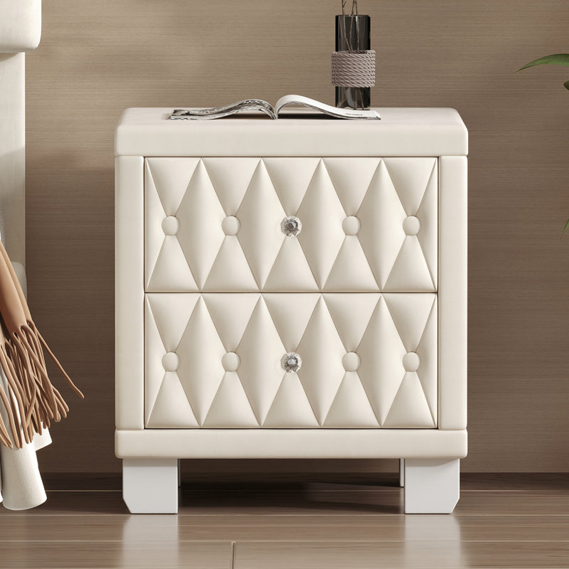 Dainty Beige Velvet Bedside Storage With 2 Drawers, Crystal - Studded Handles And Button Pattern, Frame Regal Style, Solid