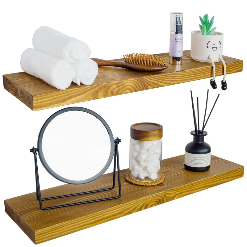 Solid Wood Floating Shelves，Rustic Wooden Wall Shelves, Yellow Brown, 1.25" H x 24" W x 6.7" D