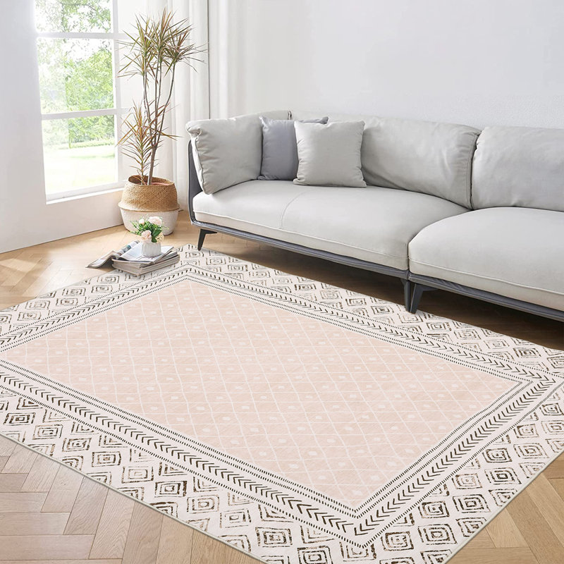 Area RugModern Bordered Accent Rug for BedroomWashable Living Room RugHome Decor CarpetNon Shedding Kitchen Rug, Beige