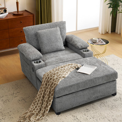 Chaise surdimensionnée grise avec lit convertible, porte-gobelets encastrés et poches de rangement, lit d'appoint en chenille moderne, accoudoirs à fermeture lente pour le salon