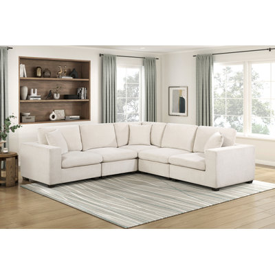Contemporary 5-Piece Modular Sectional Corner Sofa Beige Chenille Upholstery Foam Cushion Pillows Plywood Frame Living Room Furniture