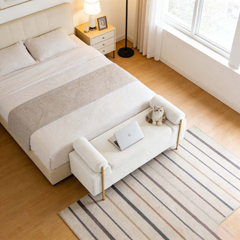 Velvet Storage Bench with Cylindrical Arms and Iron Legs, White