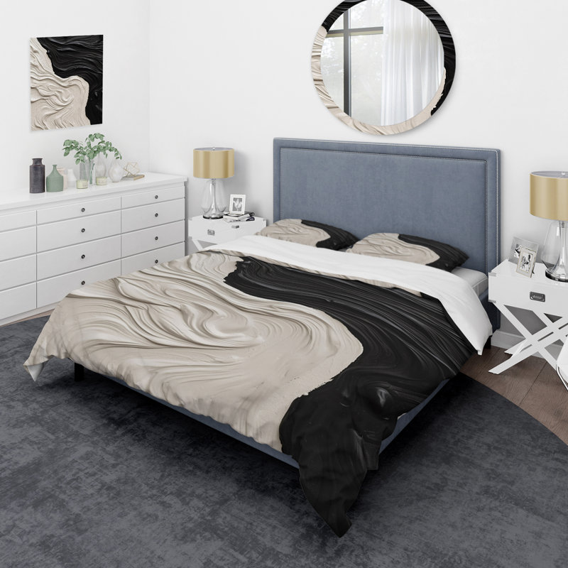 Black White Marbled Dreamscape II - Abstract Geometric Duvet Cover Set - Microfiber Polyester