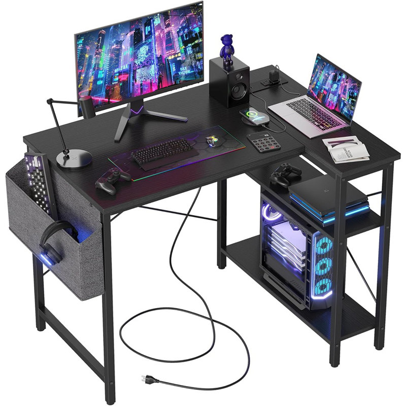 Small Computer Desk With Power Outlets, 40 Inch L Shaped Desk With Reversible Shelves