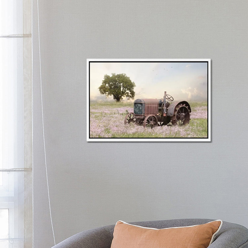 Tractor At Sunset by Lori Deiter - Print on Canvas, 45.72cm H x 66.04cm W x 3.81cm D, White Framed