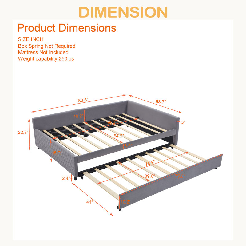 Upholstered Daybed With Trundle,Sturdy Wooden Bed Frame, Modern Diamond Grid Design,For Bedroom, Guest Room, Gray