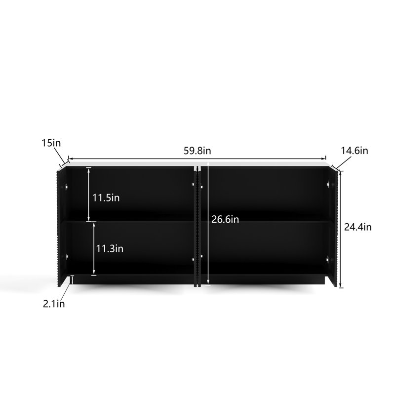 Buffet moderne avec design d'eau, couleur noire, 4 portes, idéal pour le rangement de la cuisine, lignes épurées et élégantes, grand décor de salon