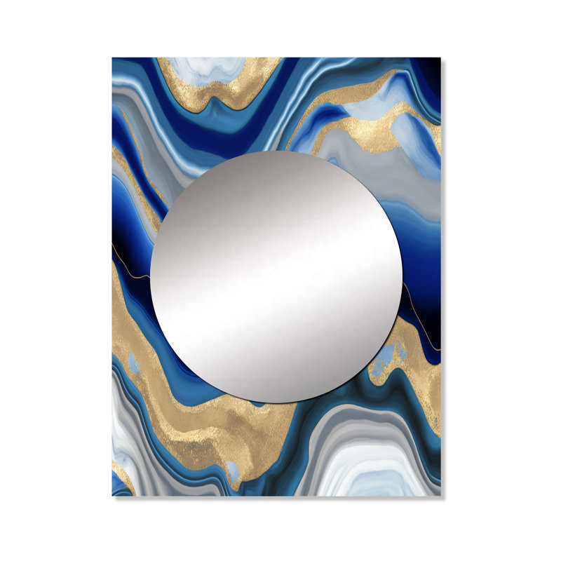 Solstice vibrant bleu et or agate III - transitionnel, miroir mural unique, grand miroir bleu, impression d'art en métal