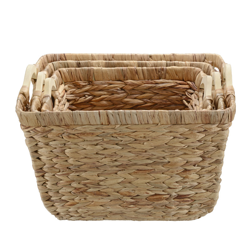 Handwoven Wicker Storage Baskets with Wooden Handles (Set of 3)