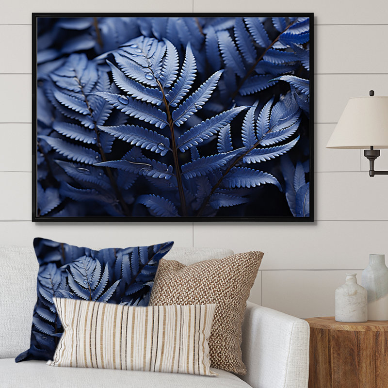 Blue Ferns Indigo Tranquillity I - Print, Cadre flottant noir, H 24 po x l 32 po x P 1 po