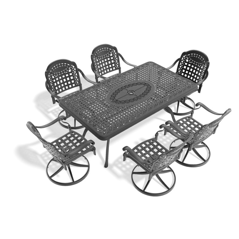 Ensemble de salle à manger 7 pièces en fonte d'aluminium toutes saisons, comprenant 6 chaises pivotantes et une table rectangulaire avec cadre