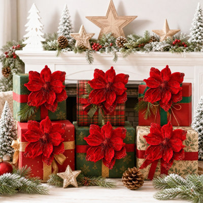 Lot de 6 pics à poinsettias artificiels pailletés, tiges de fleurs de poinsettia de Noël en velours avec paillettes dorées en forme d'étoile, pics floraux artificiels pour décoration de sapin de Noël, couronne et guirlande, vase non inclus